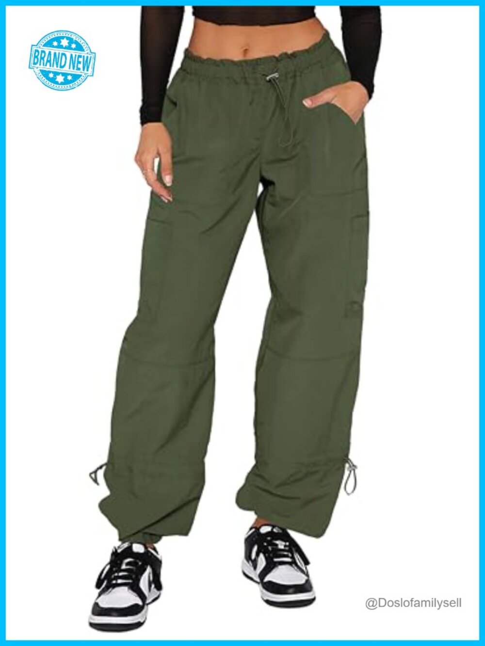 Y2K Baggy Cargo Pants Women Parachute Wide Leg Drawstring 100% Nylon